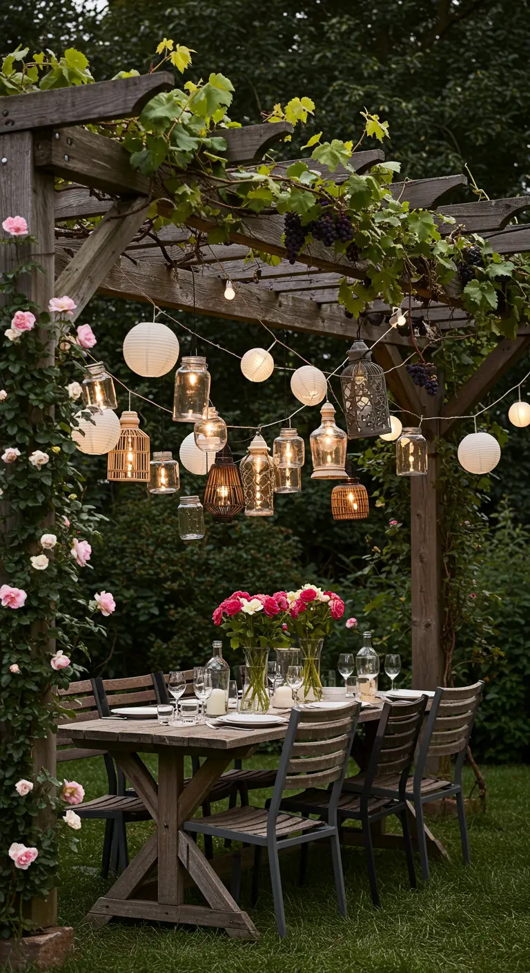 Pergola recouverte de vigne, avec divers lampions et lanternes suspendus au-dessus d'une table de dîner.