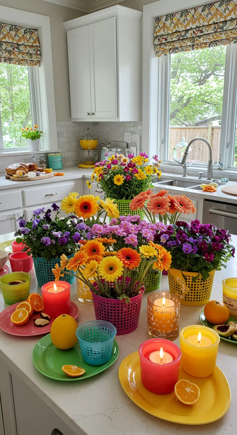 Îlot de cuisine décoré de fleurs en pots multicolores, bougies assorties et agrumes frais.