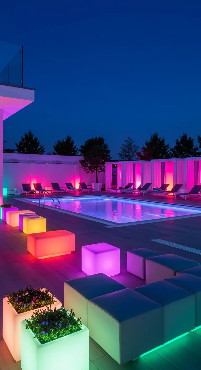 Piscine moderne avec mobilier lumineux LED multicolore et éclairage mural coloré.