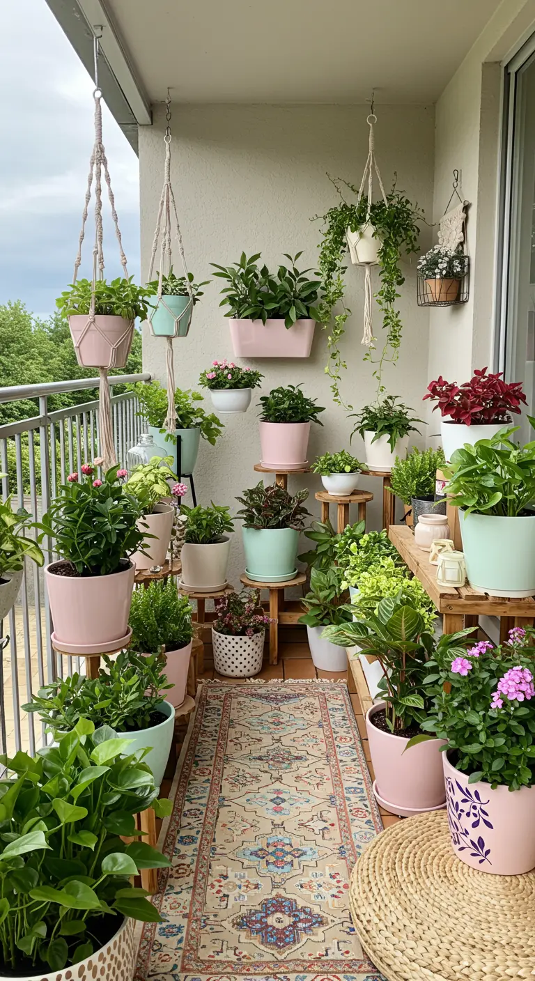 Balcon luxuriant rempli de plantes dans des pots pastel, avec des suspensions en macramé