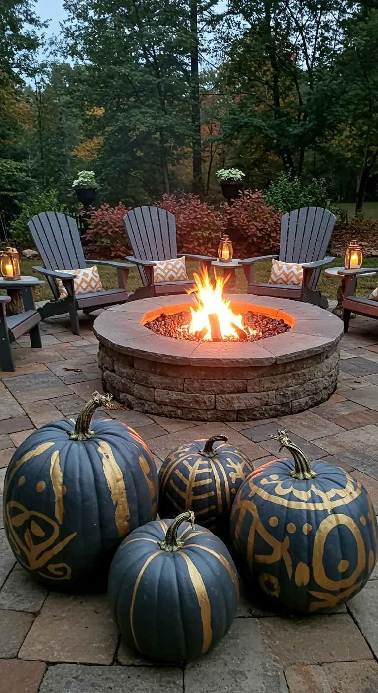 Citrouilles noires avec des motifs tribaux dorés, disposées autour d'un brasero allumé.