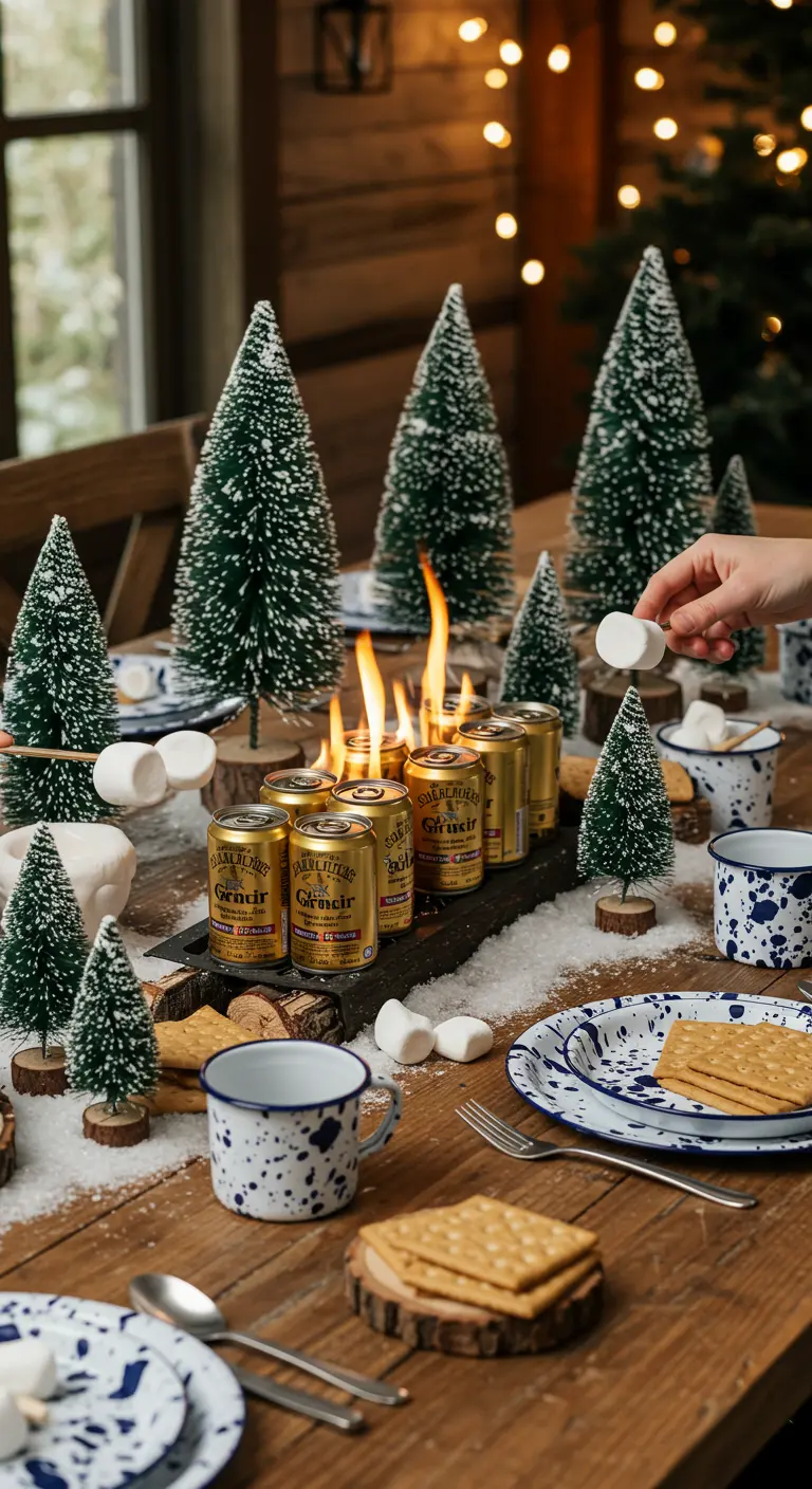 Table de Noël conviviale avec un mini-brasero pour faire griller des marshmallows.