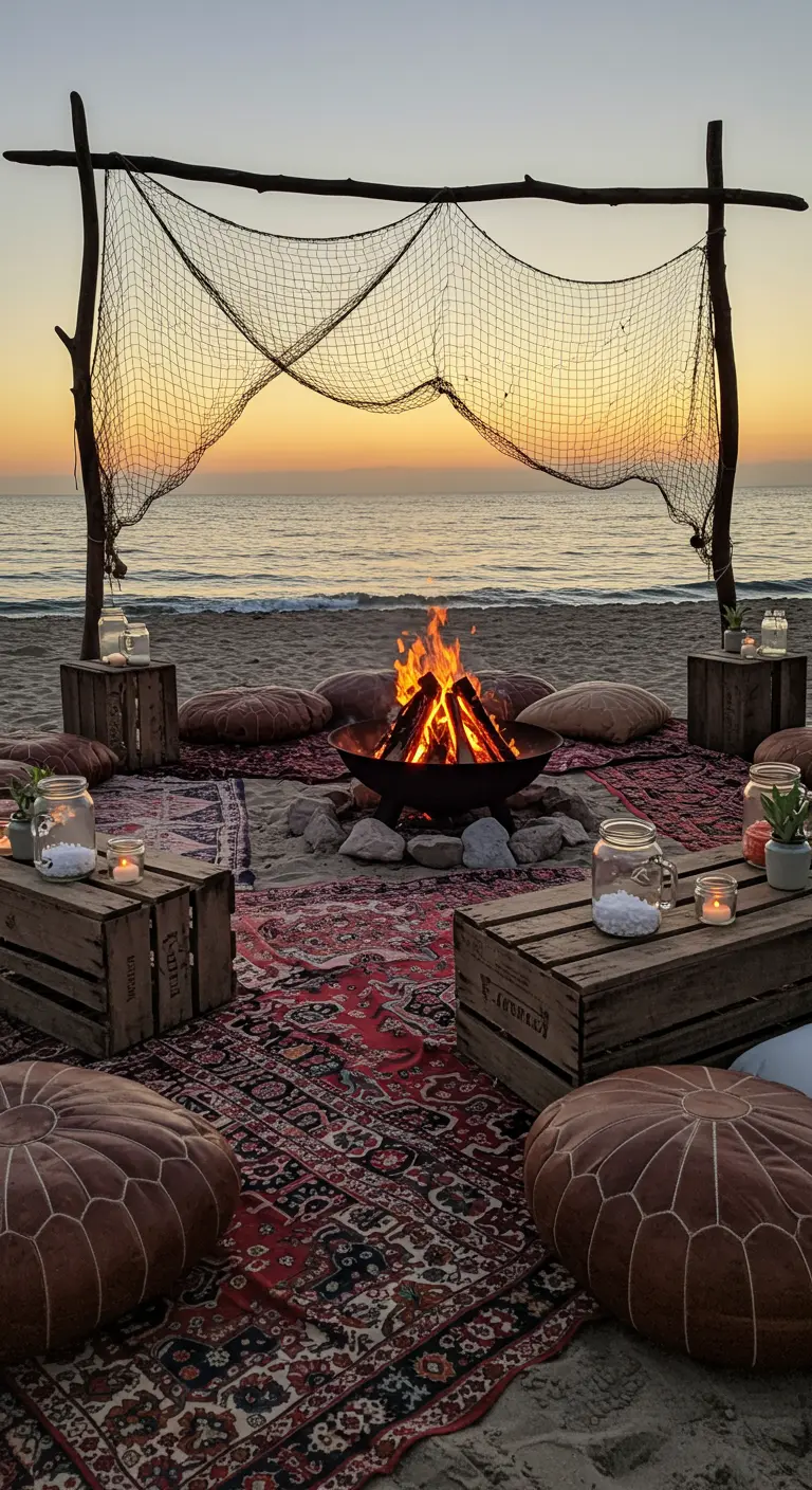 Feu de camp sur la plage avec un filet de pêche en arrière-plan et des coussins.