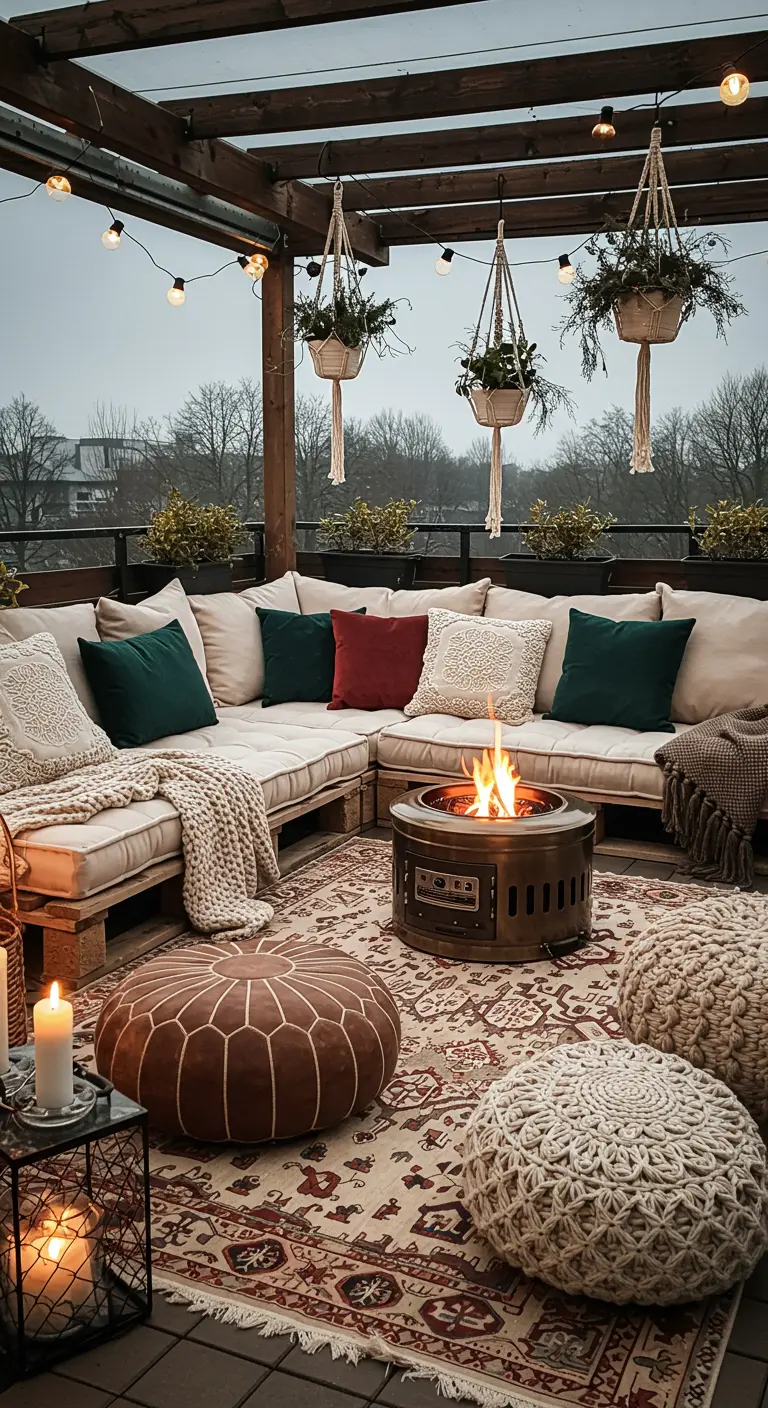 Terrasse avec canapé en palettes, brasero, tapis et poufs marocains.