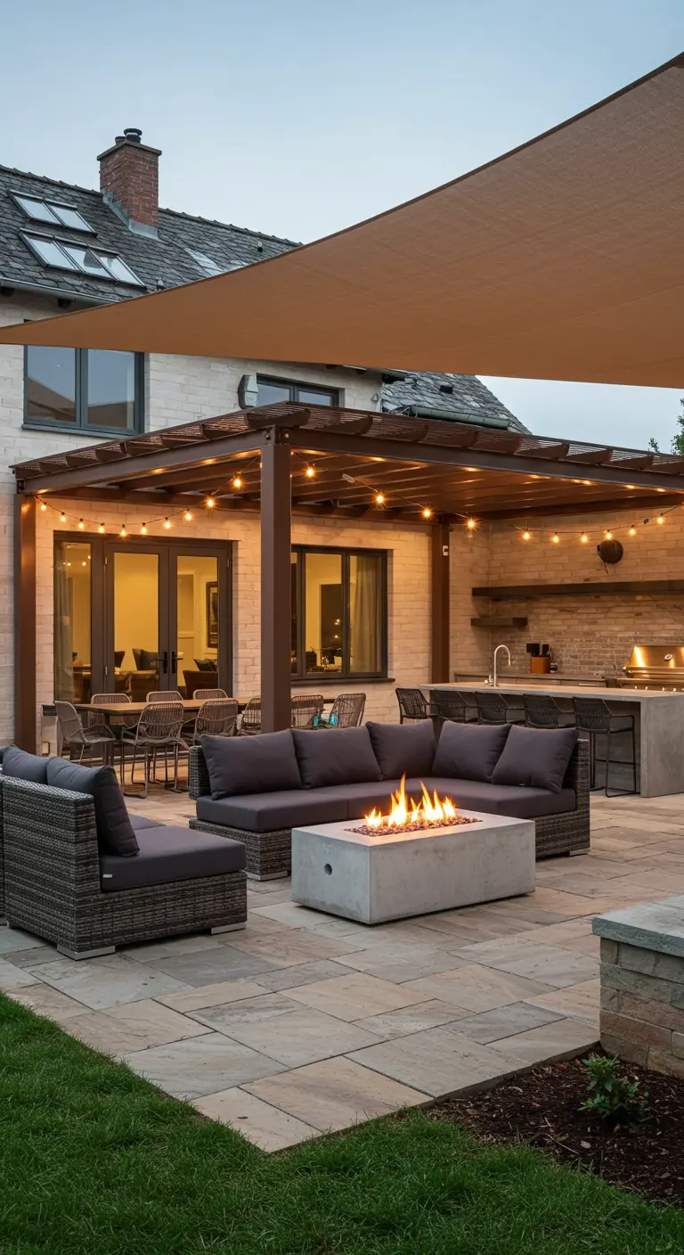 Grande terrasse avec pergola, salon de jardin confortable et brasero allumé.