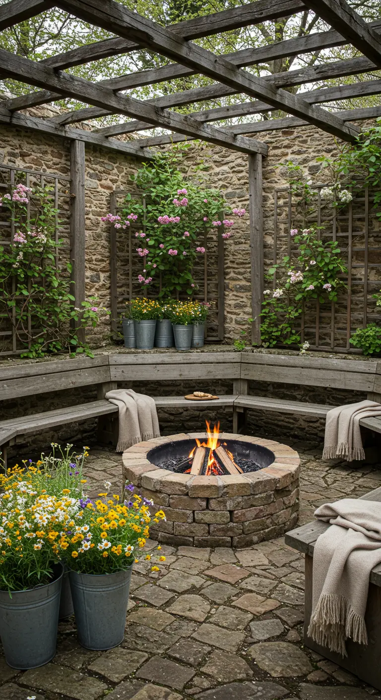 Foyer en pierre avec un banc en bois circulaire et des plantes grimpantes.
