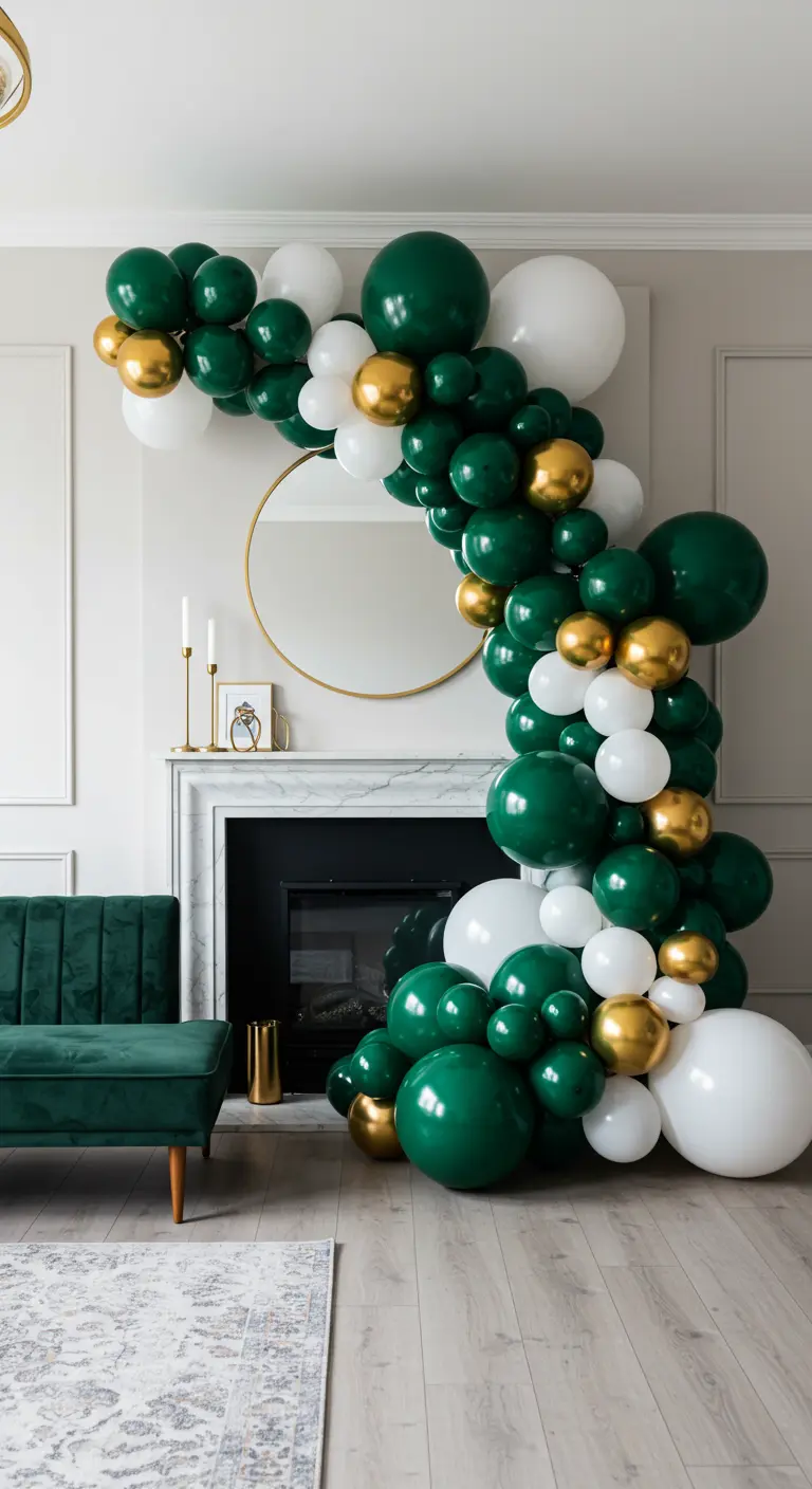 Guirlande de ballons vert émeraude, or et blanc qui encadre une cheminée moderne.
