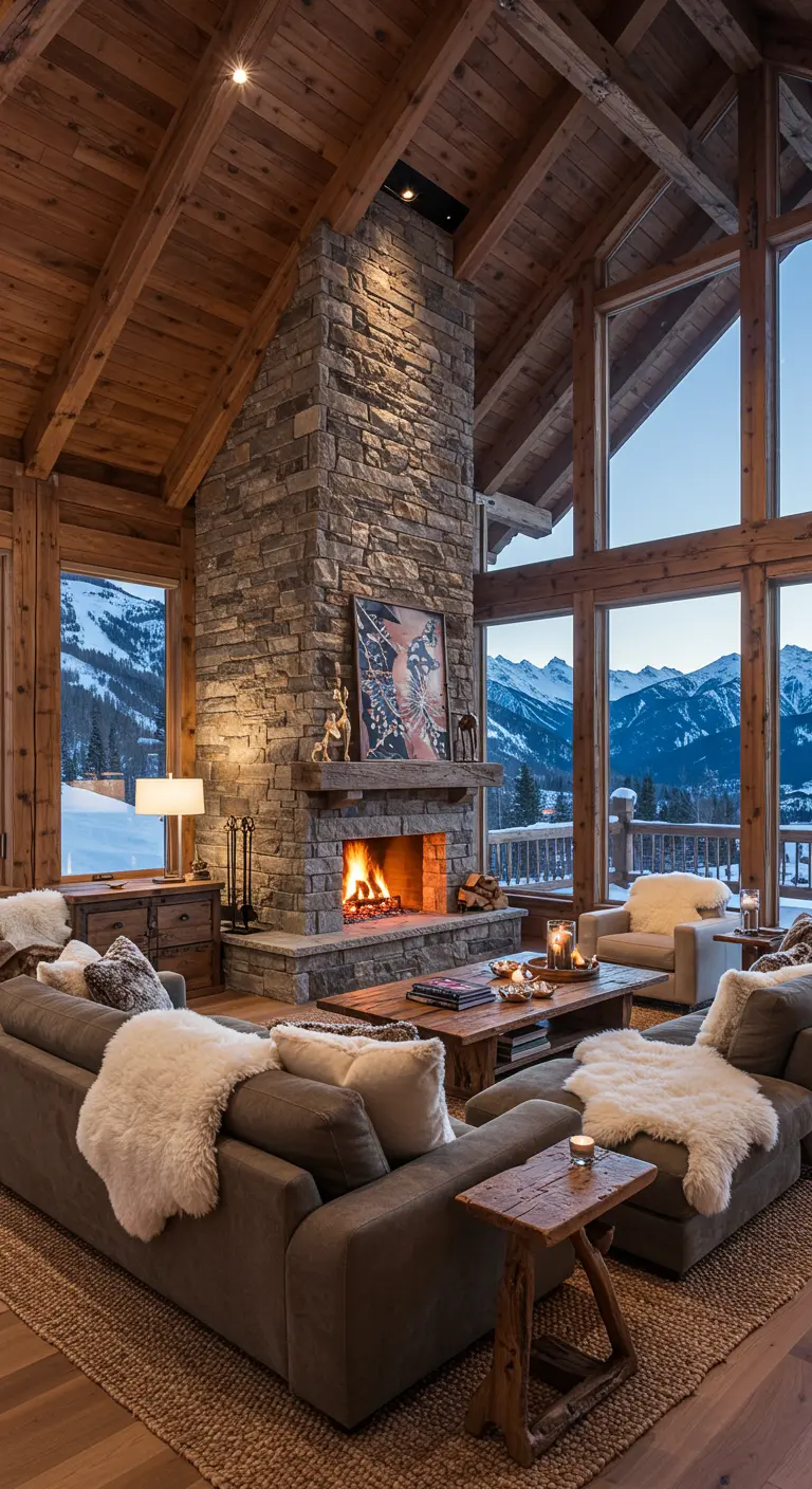 Salon chalet avec cheminée en pierre, poutres en bois et vue sur la montagne.