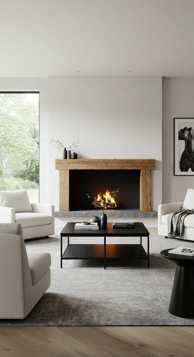 Salon lumineux avec cheminée en bois brut, fauteuils blancs et table basse noire.
