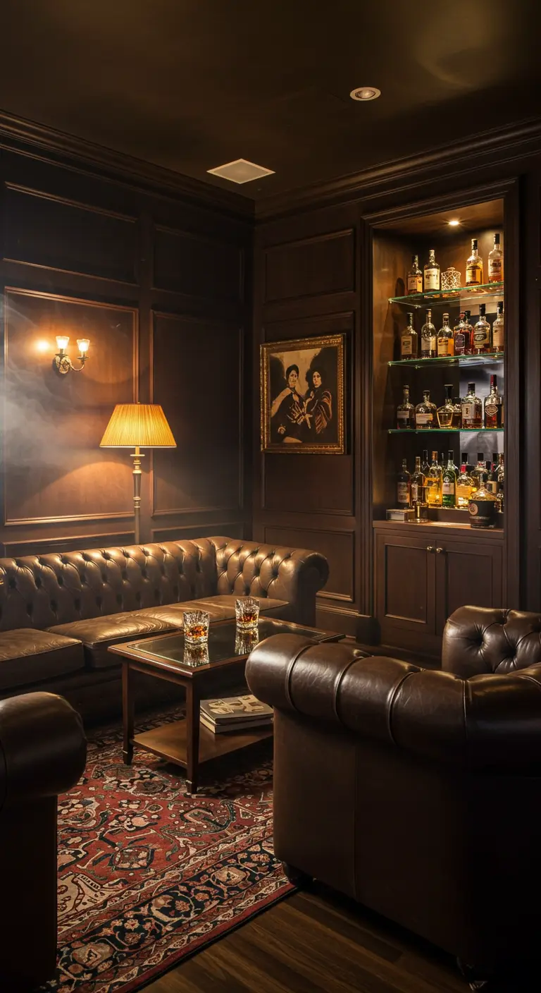 Un salon sombre avec des canapés en cuir de style Chesterfield et un éclairage chaud.