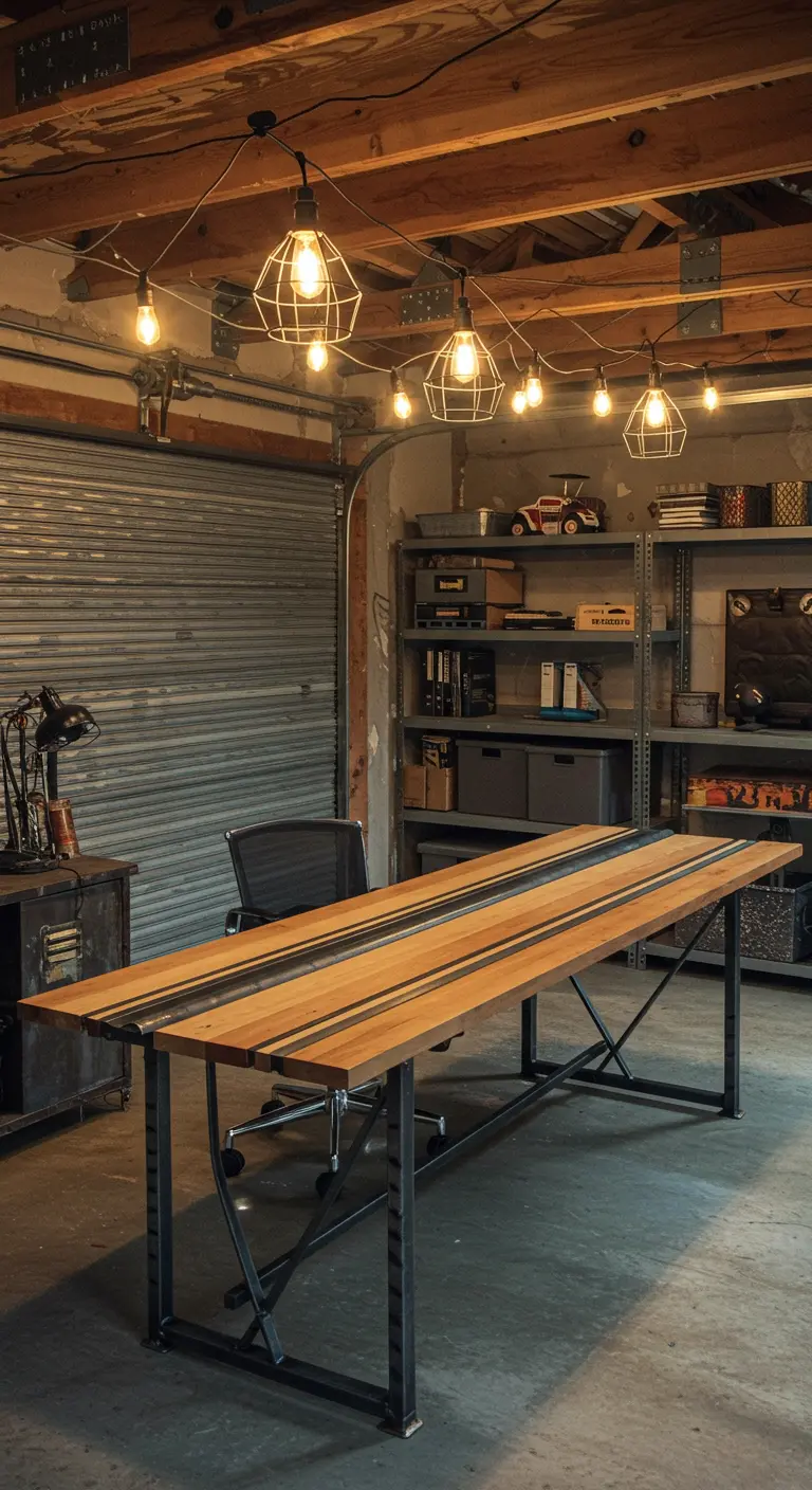 Grand bureau en bois avec une 'rivière' de résine époxy noire, dans un garage aménagé.