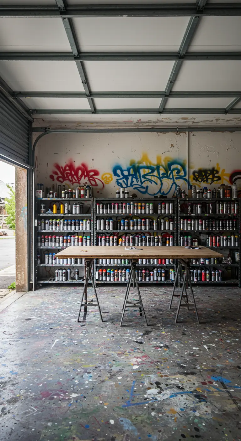 Atelier de graffiti dans un garage avec des murs de bombes de peinture et une table sur tréteaux.