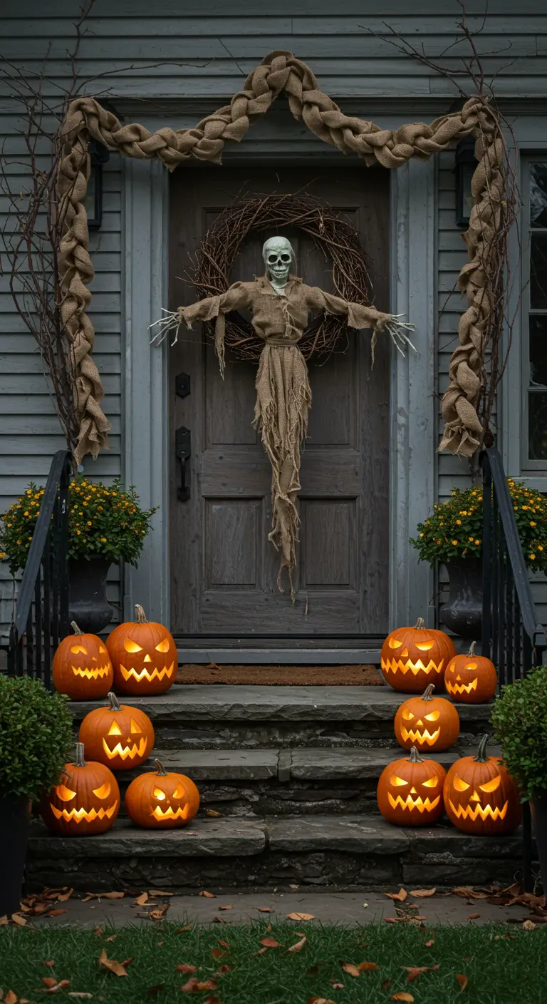 Porte d'entrée avec un épouvantail, une guirlande de toile de jute et des citrouilles.