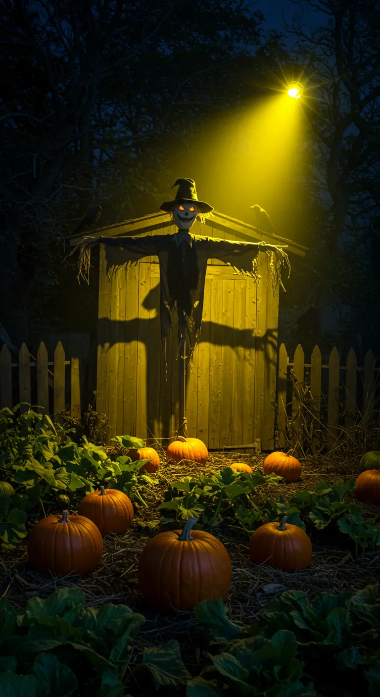 Épouvantail effrayant dans un champ de citrouilles, éclairé par un spot jaune par le bas.