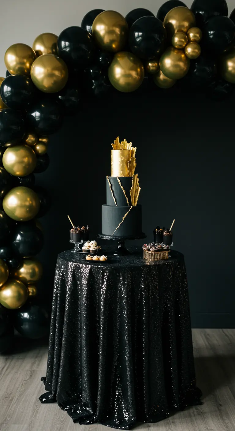 Gâteau d'anniversaire noir et or sur une table à sequins, encadré par des ballons.