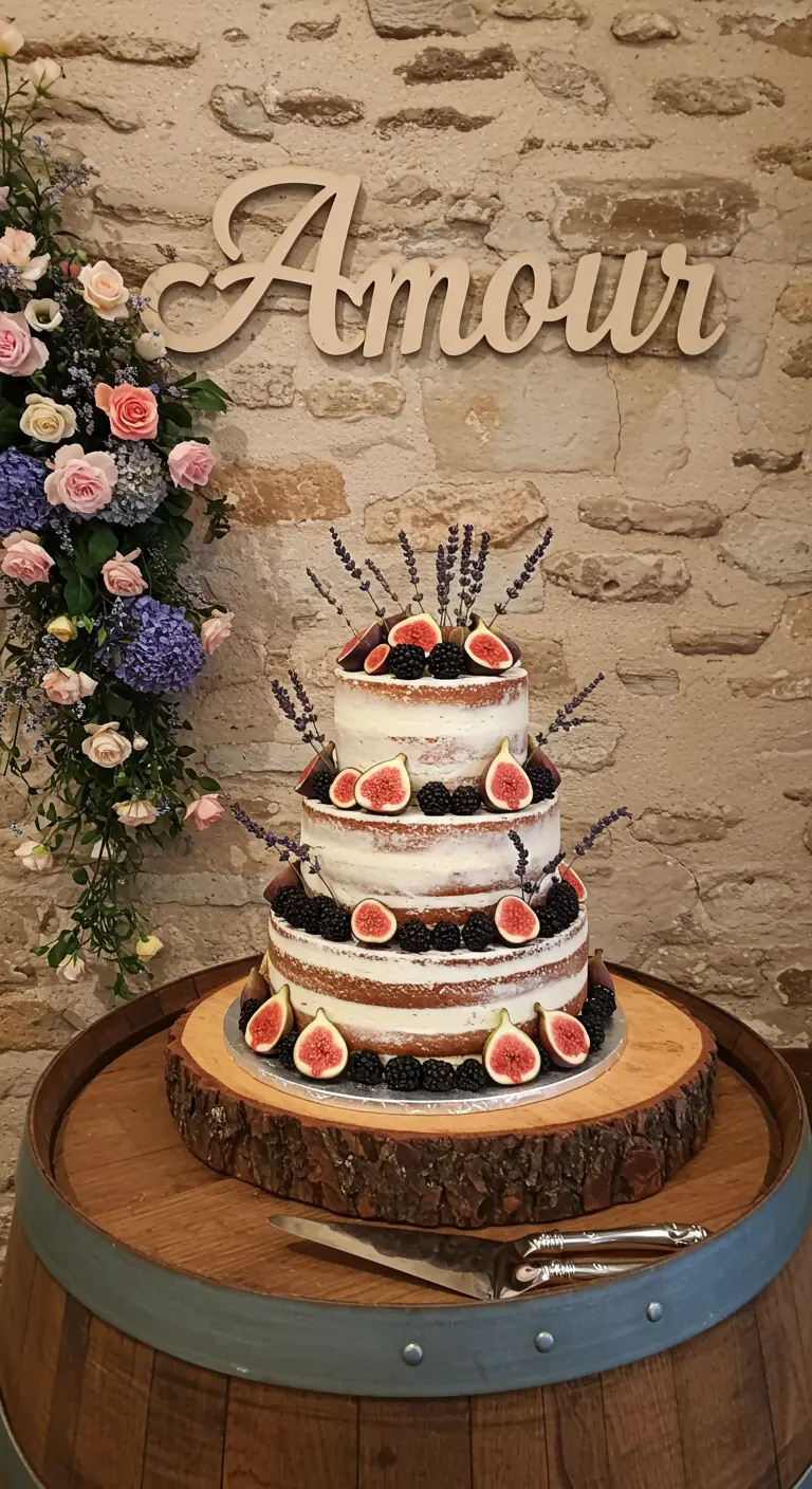 Naked cake à trois étages décoré de figues et de lavande, posé sur un rondin de bois.