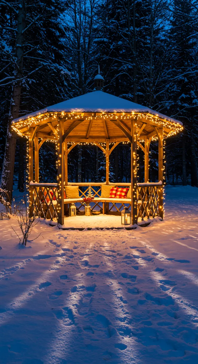 Gazébo en bois enneigé illuminé par des guirlandes LED, avec des coussins et des lanternes.