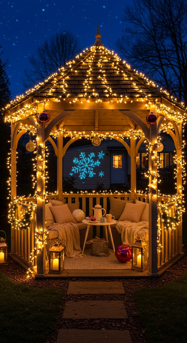 Gazebo décoré de guirlandes lumineuses, avec projection de flocon de neige, mobilier et lanternes.
