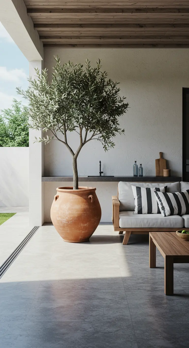 Terrasse moderne avec un grand olivier en pot comme pièce maîtresse.