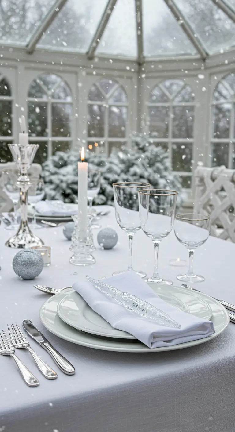 Table de fête blanche et argentée dans une véranda enneigée, avec un ornement en verre.