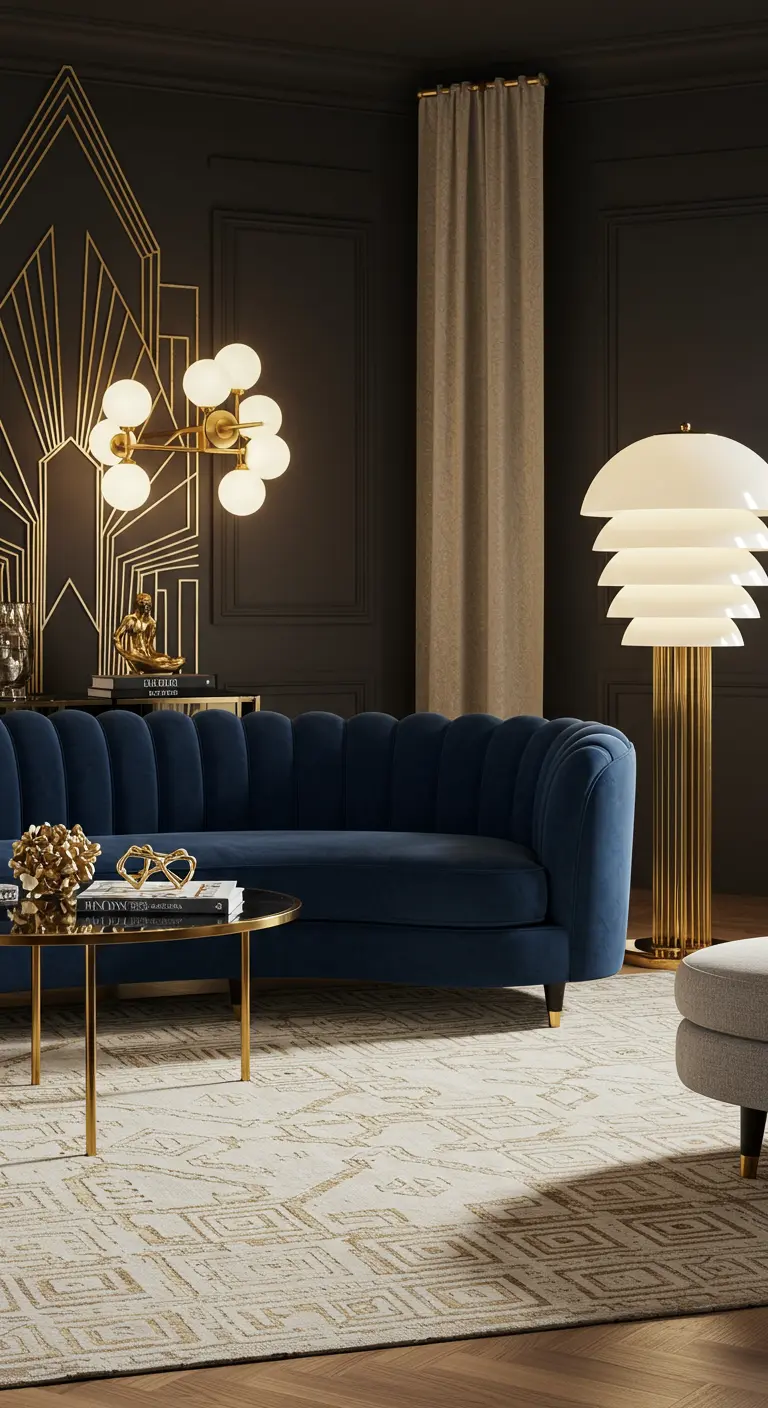 Salon Art Déco avec canapé en velours bleu et luminaires en laiton.