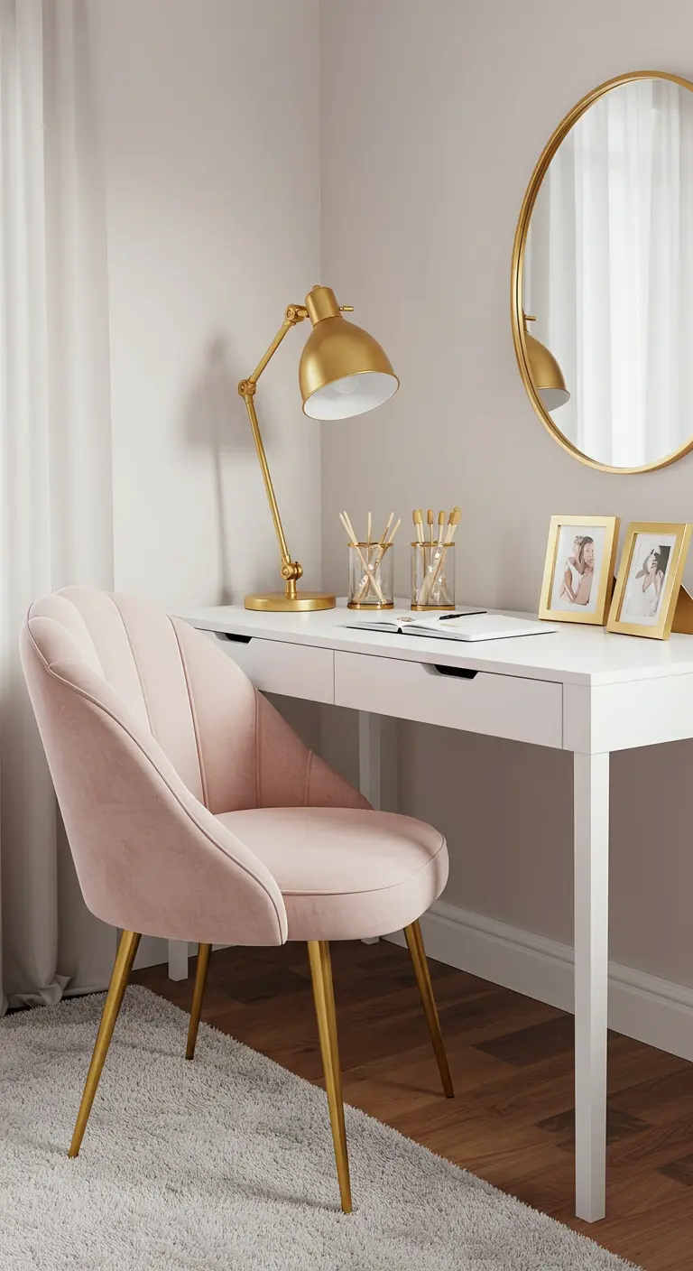 Bureau blanc avec une chaise en velours rose et des accessoires dorés.