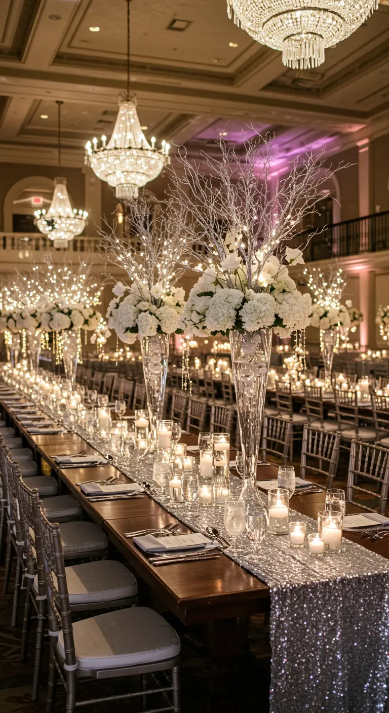 Longue table de mariage ornée d'un chemin de table à paillettes argentées, centres hauts fleuris.