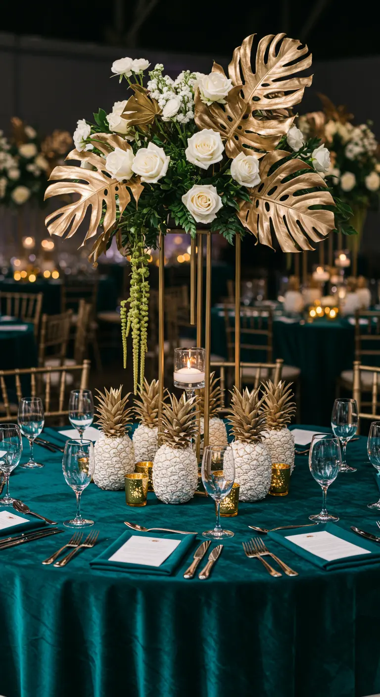 Centre de table haut et doré avec roses blanches et feuilles de monstera dorées.
