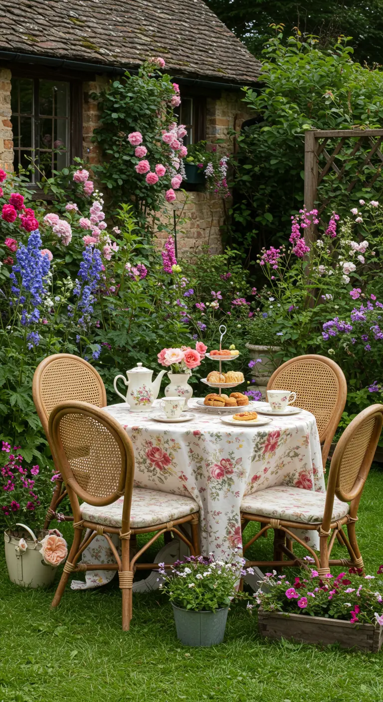 Table de thé dressée avec une nappe florale dans un jardin de cottage luxuriant.