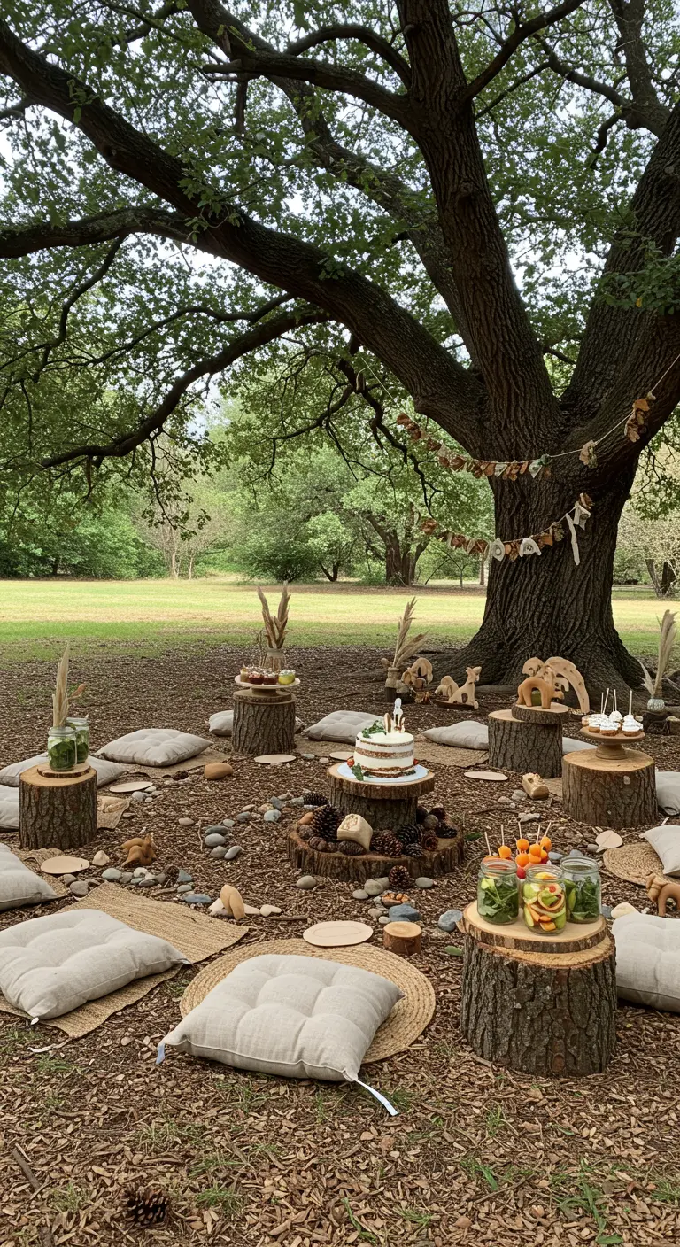 Goûter d'anniversaire sous un arbre avec tables en rondins et coussins au sol.