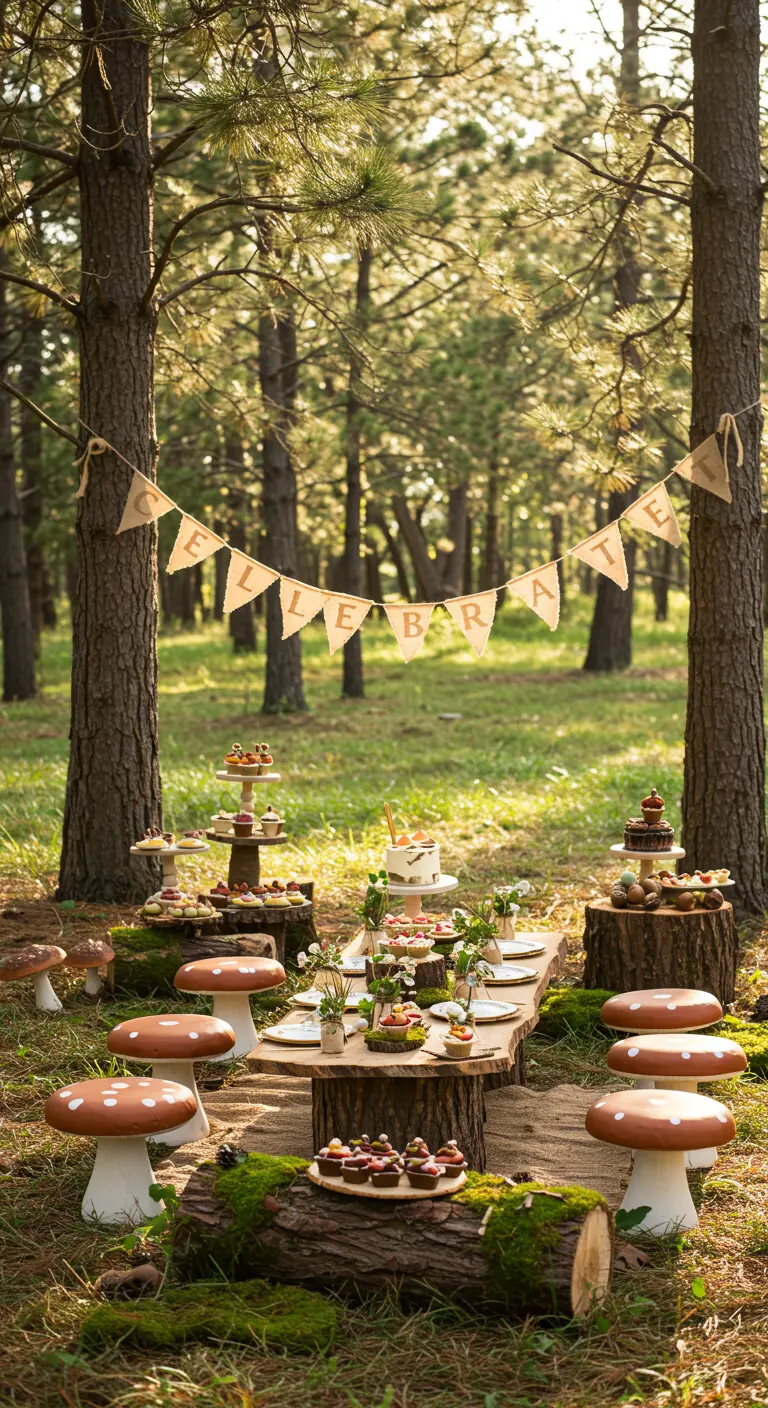Table de goûter d'anniversaire dans une forêt avec des tabourets champignons.