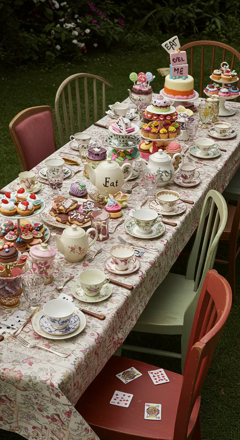 Table de goûter sur le thème d'Alice au Pays des Merveilles.