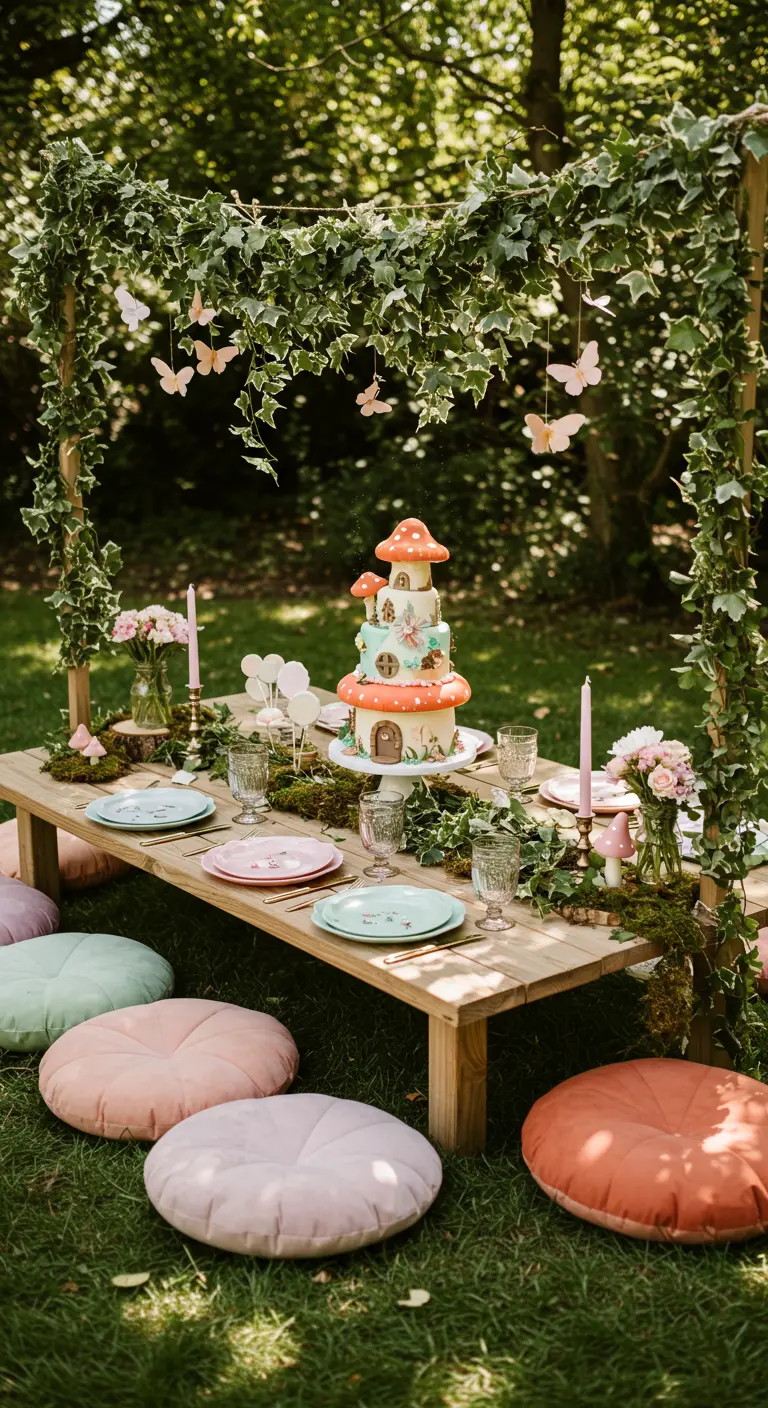 Table basse en bois dans un jardin, thème fées, avec gâteau champignon et coussins.