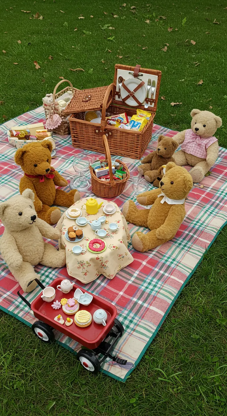 Pique-nique d'ours en peluche sur une nappe à carreaux dans l'herbe.