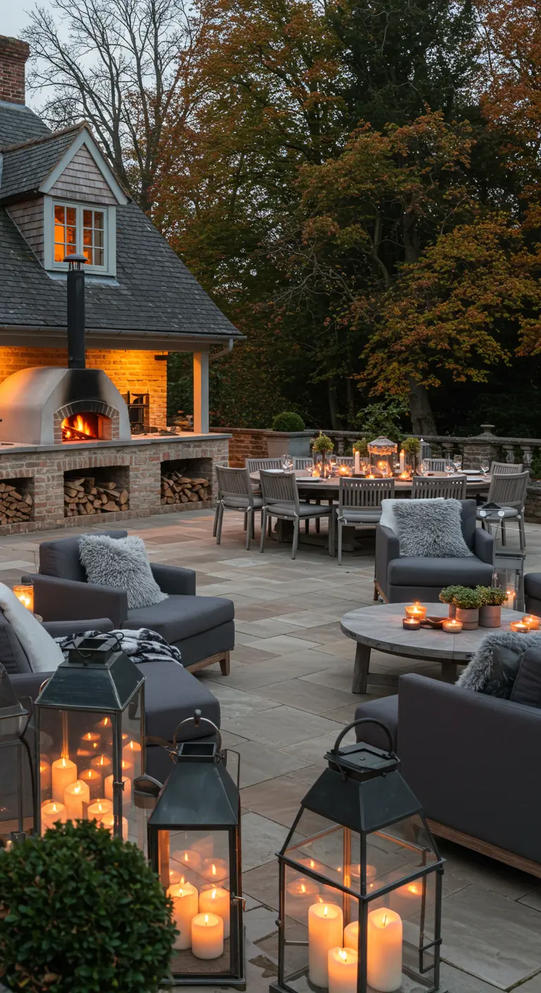 Grand patio avec cuisine extérieure, table à manger, salon et foyers, éclairé de lanternes.