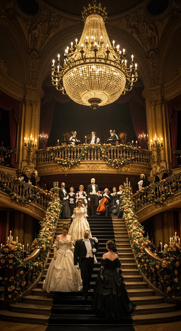 Scène de bal masqué dans un opéra avec un grand escalier décoré de fleurs.