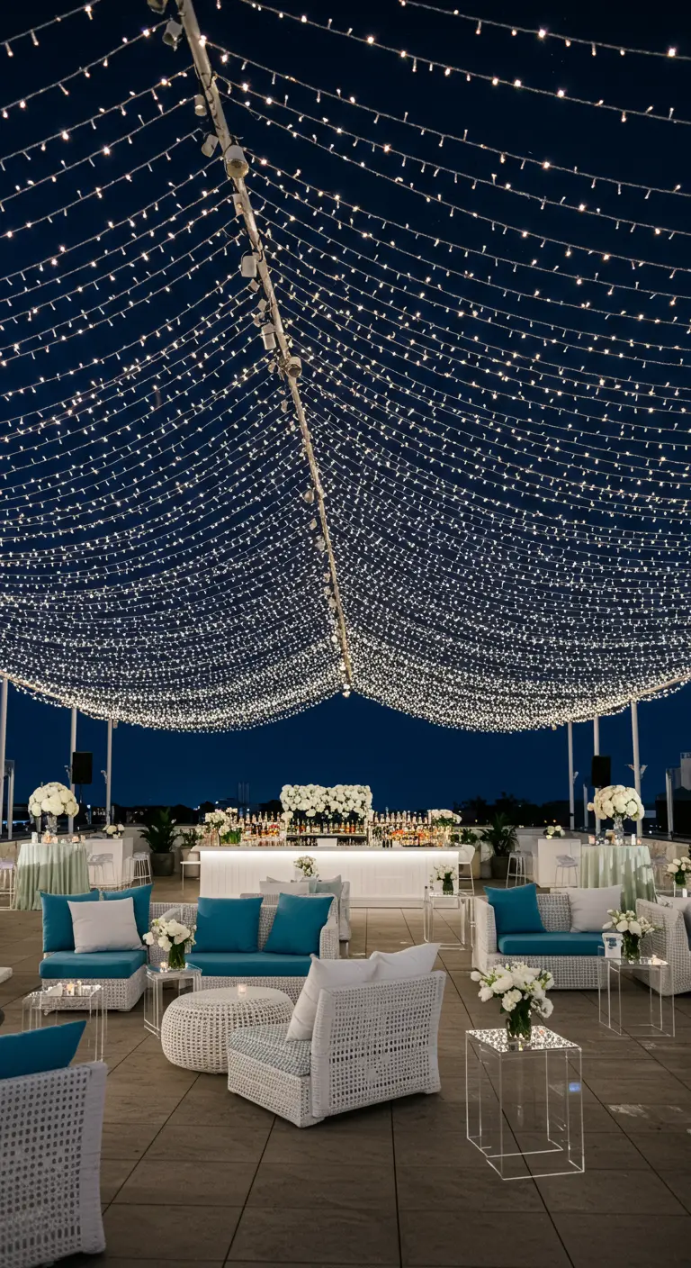 Rooftop chic avec un dôme de guirlandes lumineuses, mobilier blanc et turquoise, bar élégant.