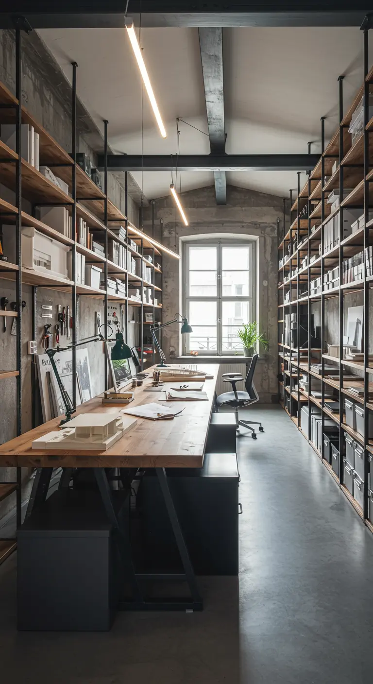 Grand bureau d'architecte avec de vastes étagères industrielles et plusieurs postes de travail.