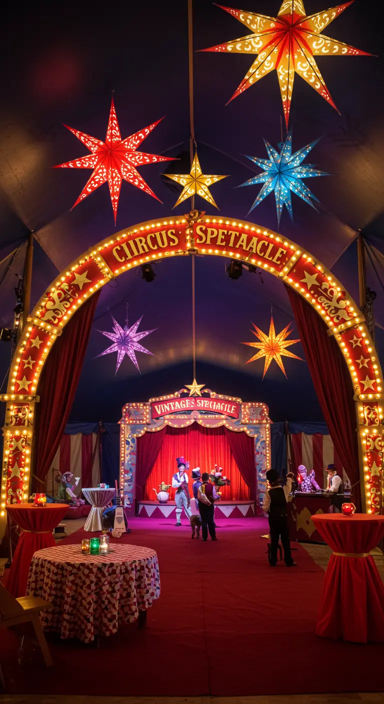 Entrée de cirque lumineuse avec des étoiles multicolores suspendues et une scène de spectacle.