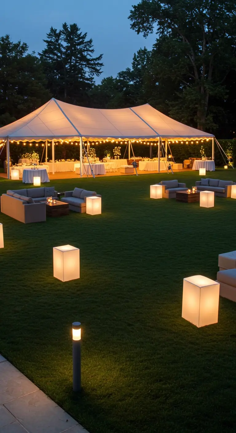 Grand événement extérieur avec une tente de réception, des meubles lounge et des cubes lumineux.