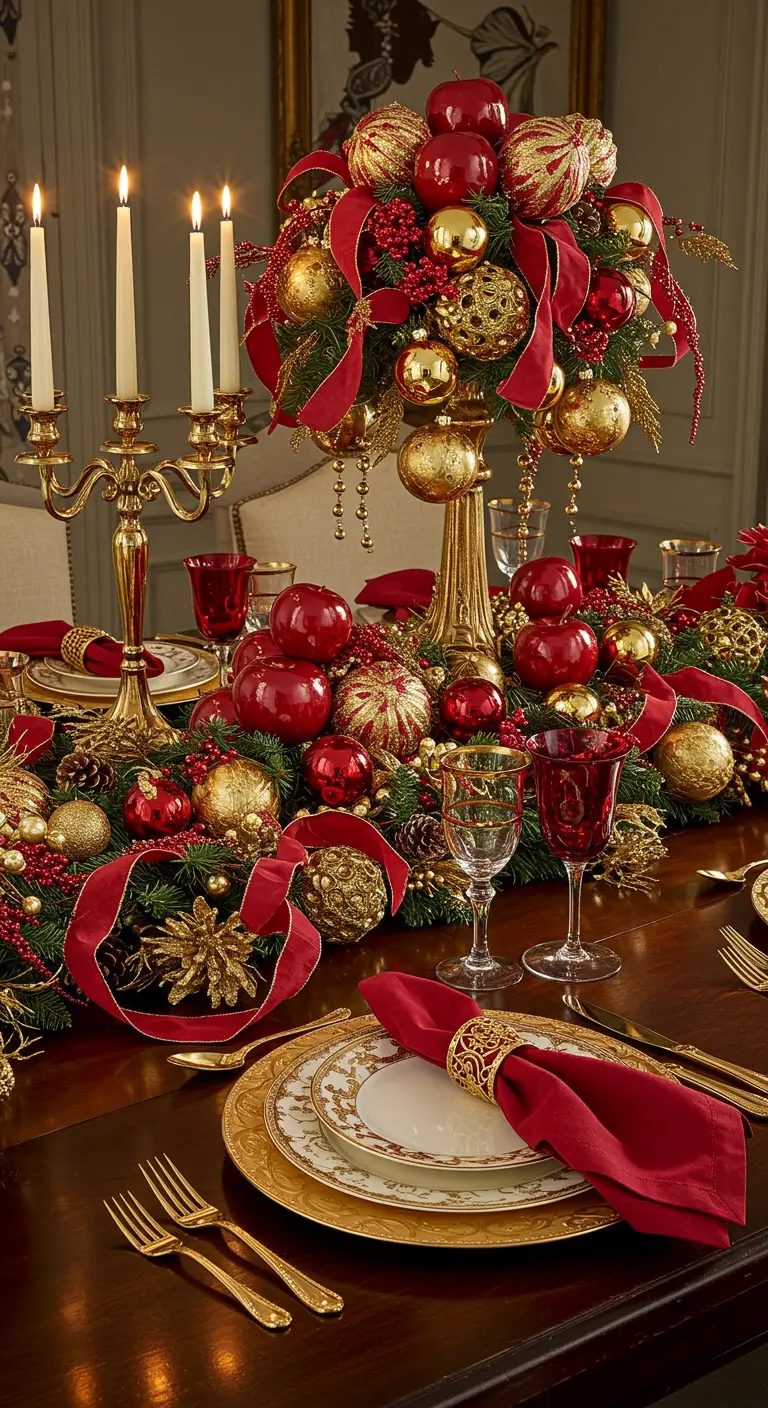 Table de gala avec candélabre doré, cascade de boules de Noël rouges et dorées, pommes et rubans rouges.
