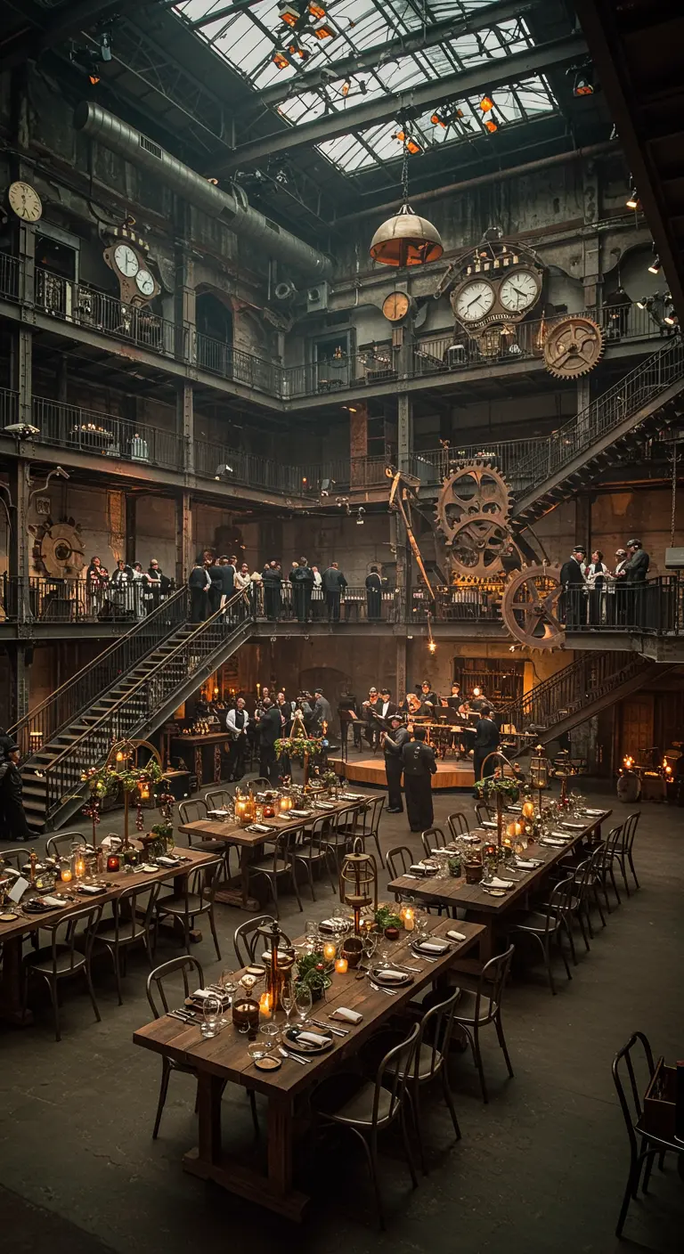 Grand hall industriel Steampunk avec plusieurs niveaux, tables de banquet, horloges géantes et engrenages.
