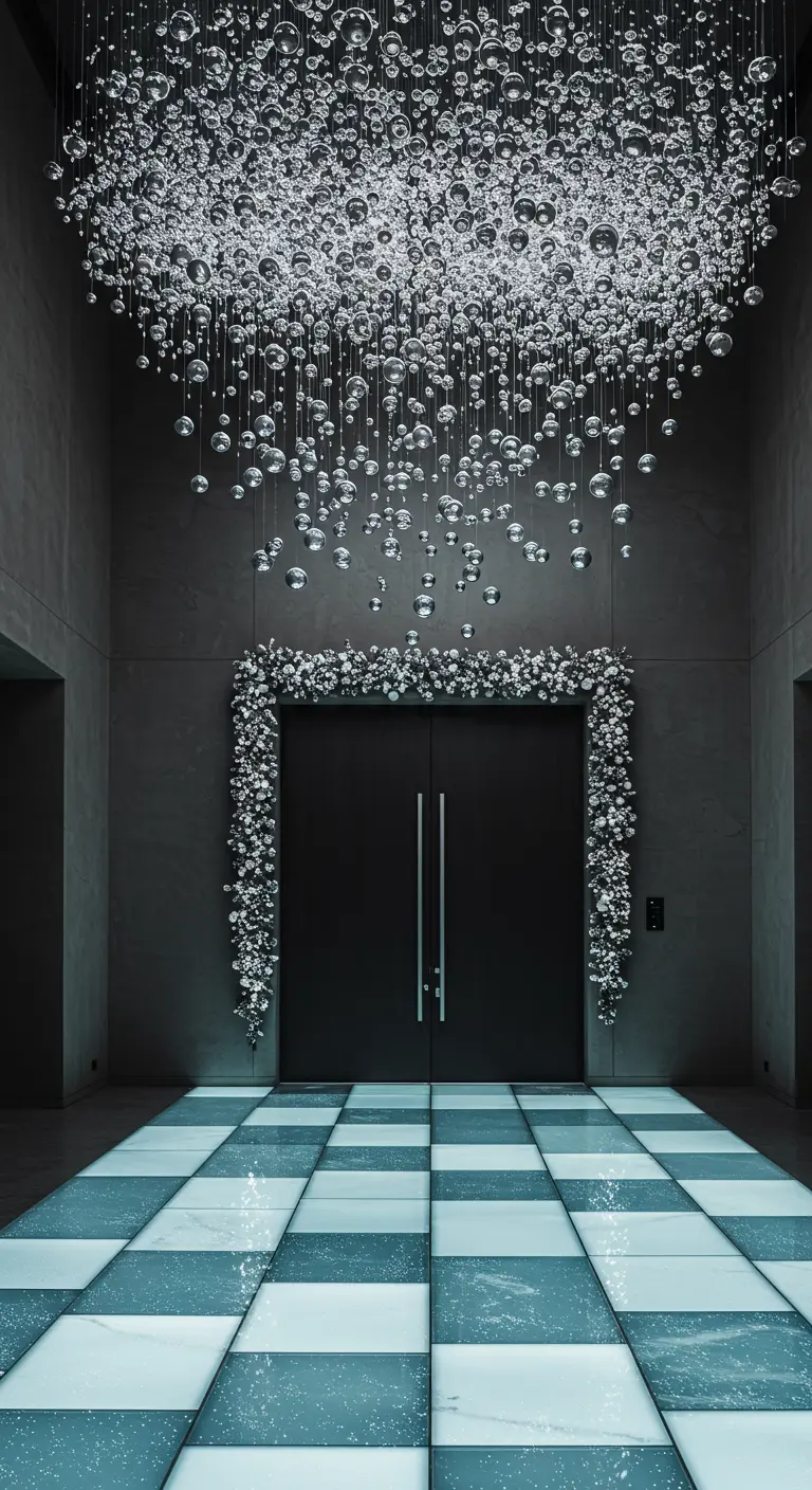 Plafond décoré d'une cascade de boules de Noël argentées.