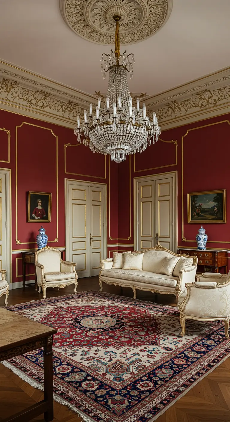 Salon de style classique avec murs rouges, moulures dorées et mobilier Louis XV.