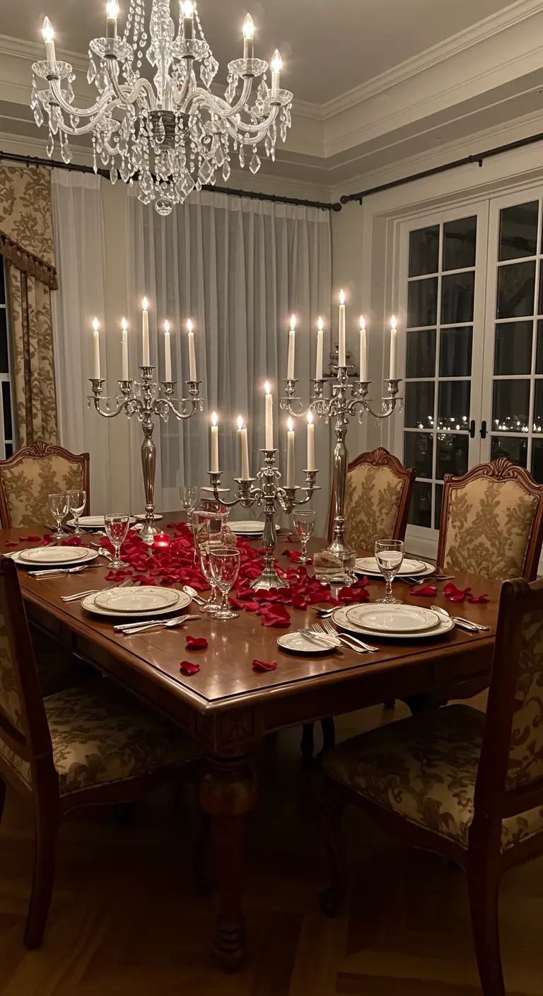 Table de dîner formelle avec chandeliers en argent, vaisselle blanche et pétales de roses rouges.