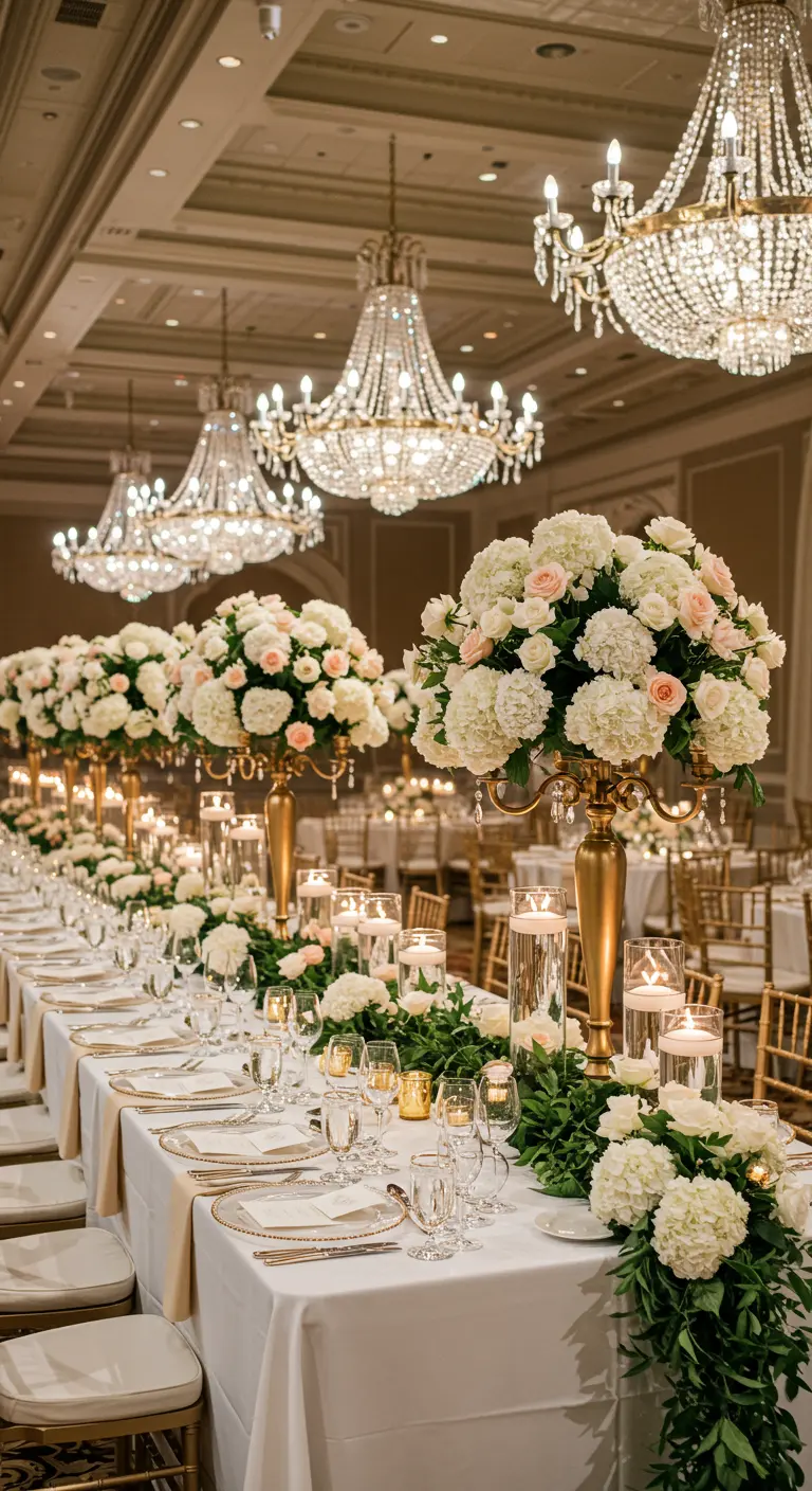 Table de mariage grandiose avec chandeliers et hauts bouquets de fleurs blanches.