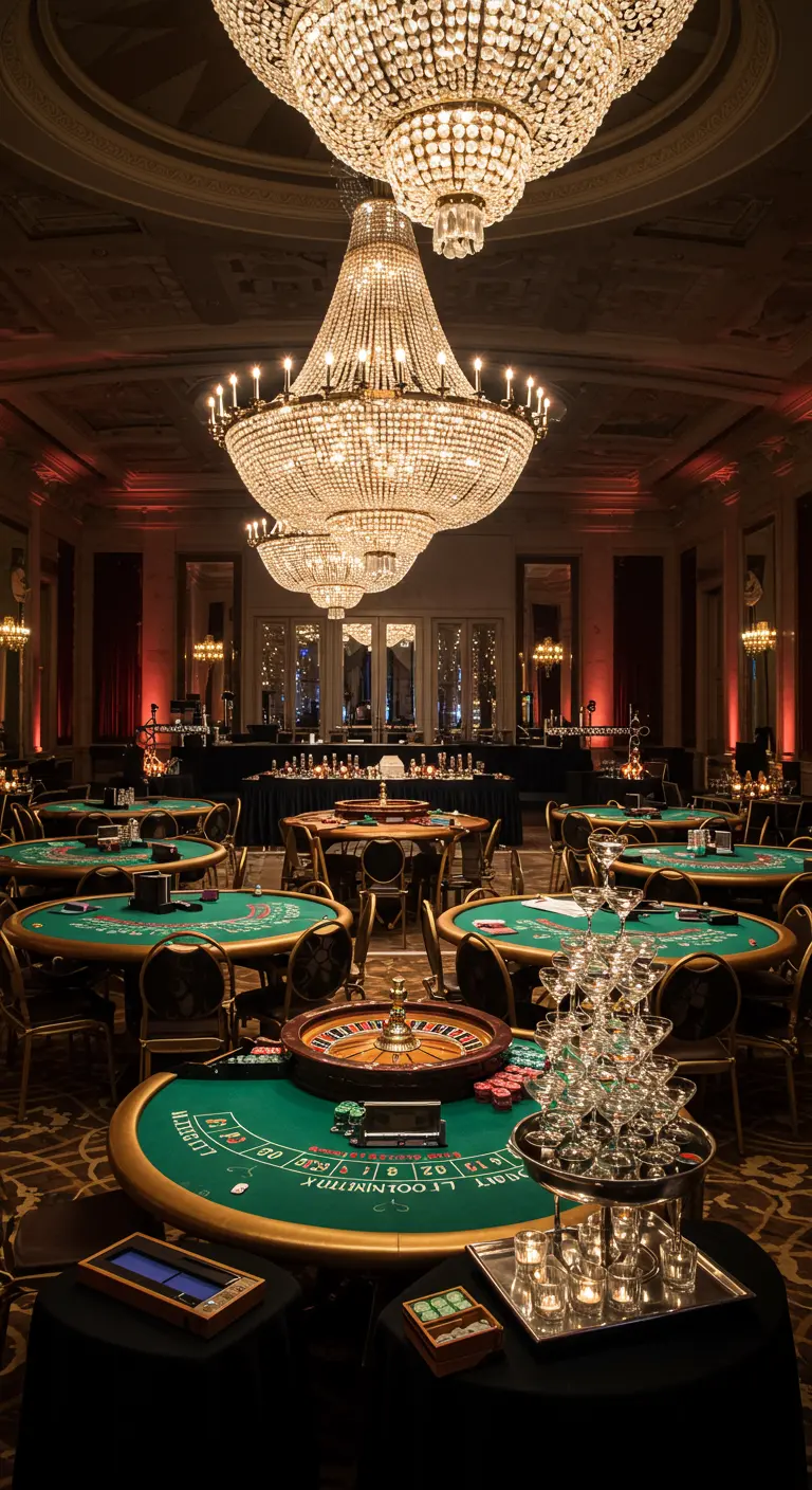 Salle de bal luxueuse avec lustres en cristal et tables de casino.