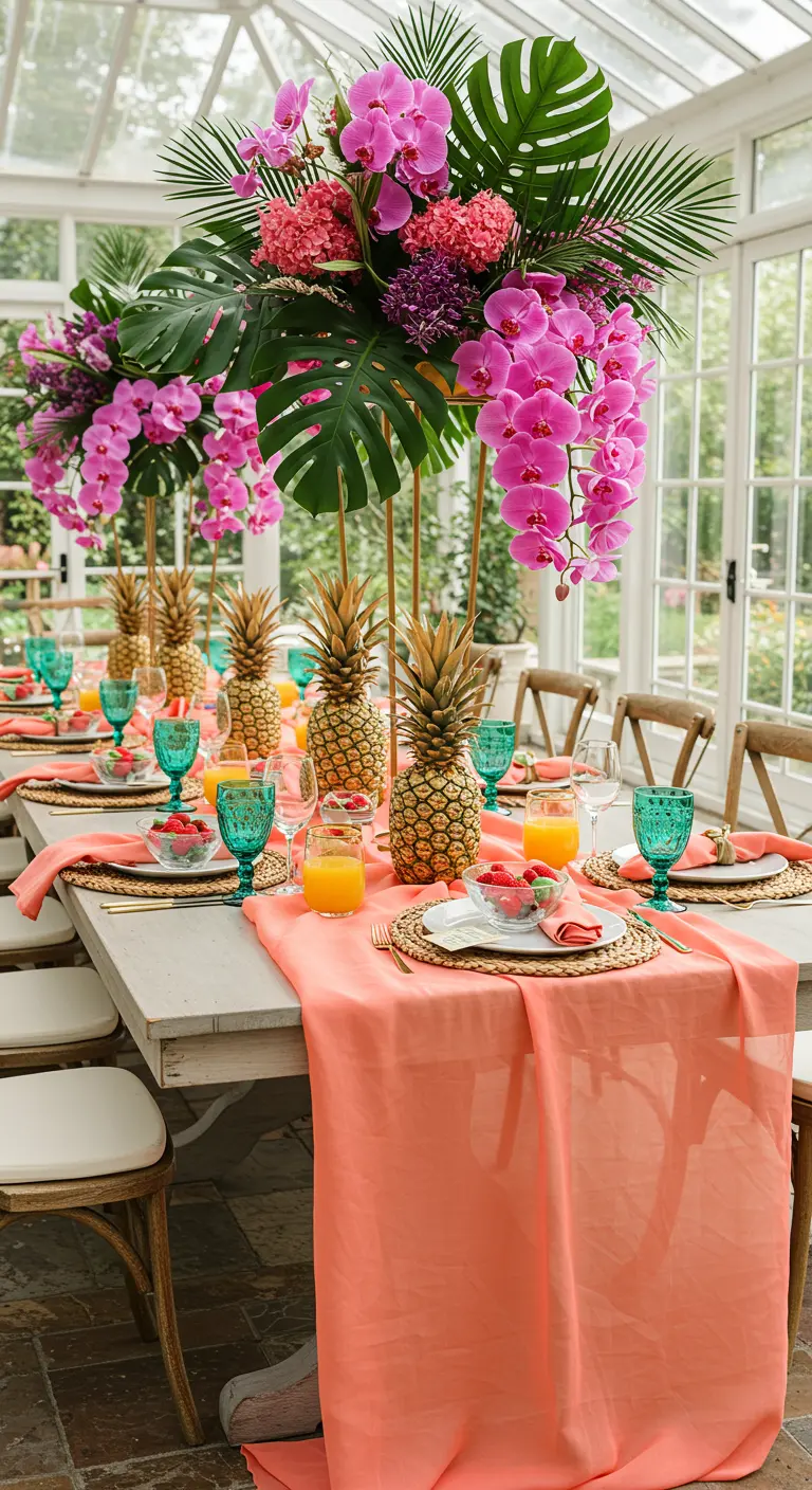 Longue table avec de grands centres de table floraux (orchidées roses, monstera), ananas dorés, nappe corail, verres turquoise.