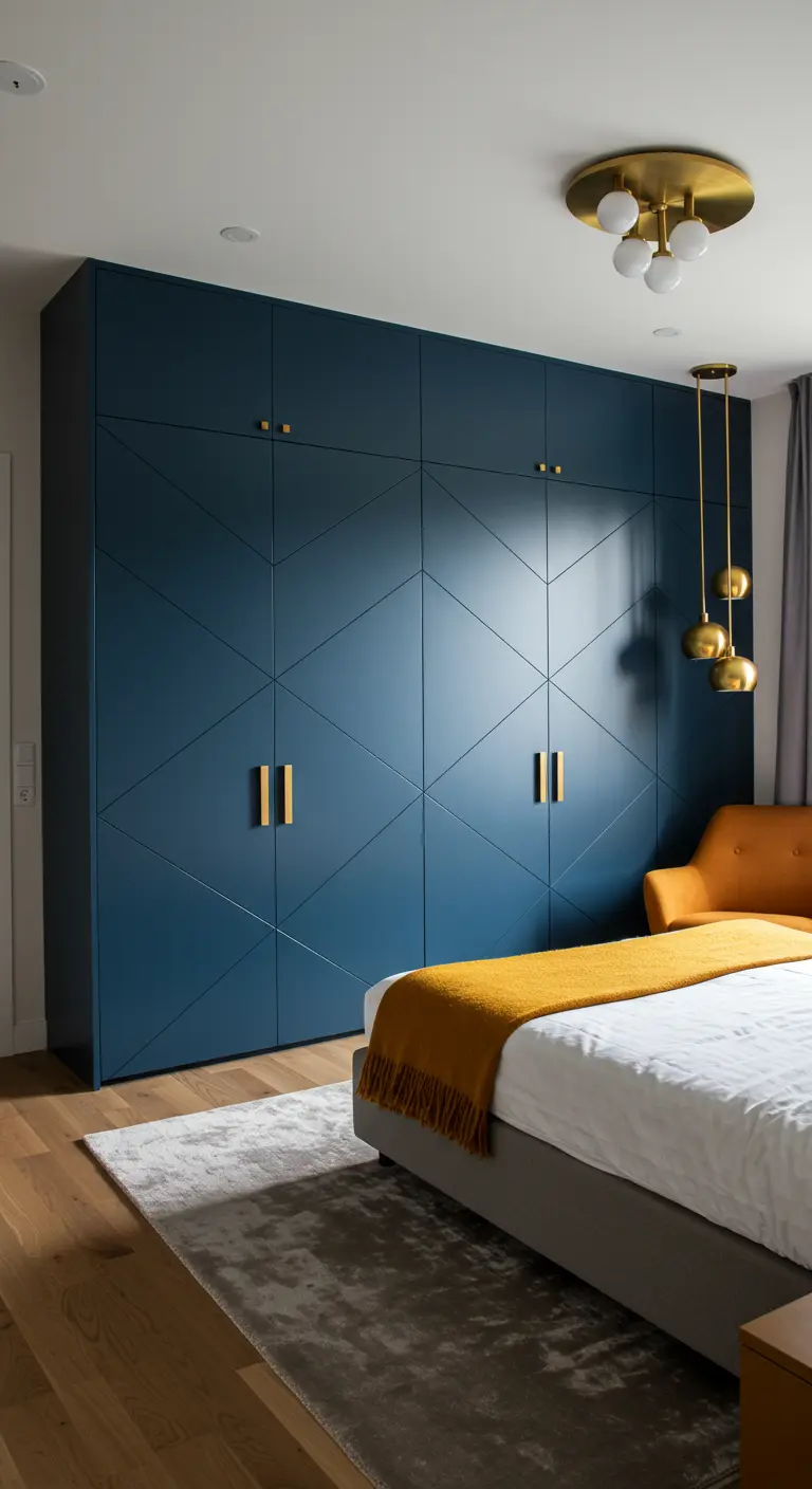 Grand dressing bleu marine avec un motif géométrique en relief et des poignées dorées.