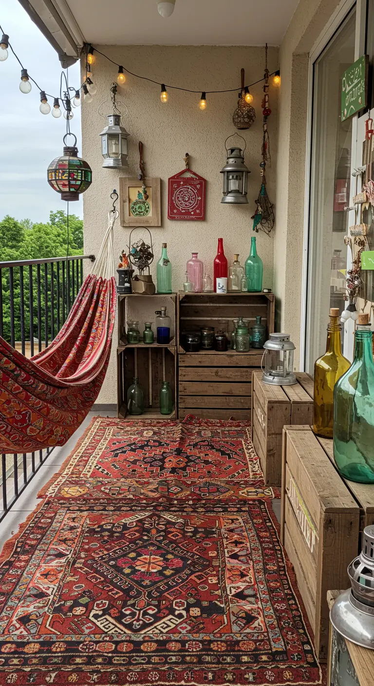 Balcon bohème vintage avec hamac rayé, caisses en bois, bouteilles colorées et lanternes.